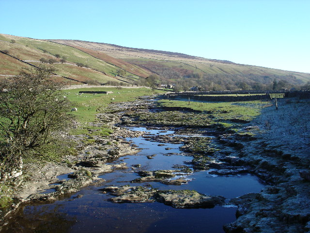 Icy pools in the River Skirfare on a bright November day