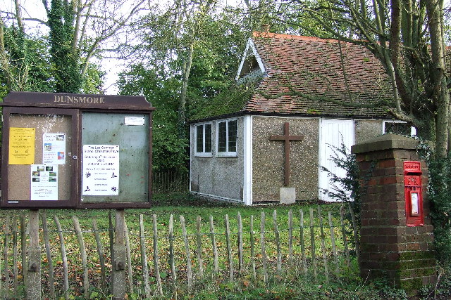 Dunsmore Village notice board, post box and church