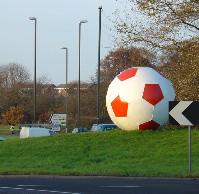 Football Sculpture on A23 Roundabout next to the Broadfield Stadium.