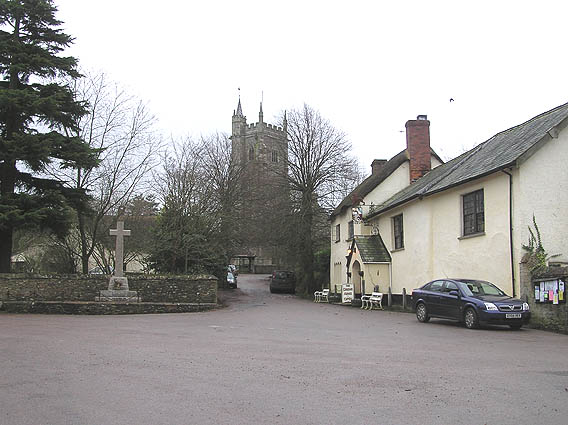 Broadhembury, the "square" with the church and the Drewe Arms
