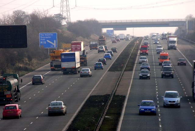 Traffic on M1 viewed from Pleasley Road, Whiston near Rotherham.