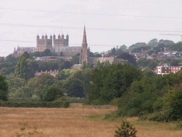 Exeter Cathedral from the Double Locks Hotel with St Leonard's church closer and to the right