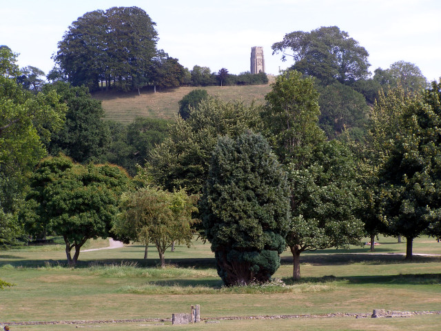 Glastonbury abbey gardens with Chalice Hill beyond