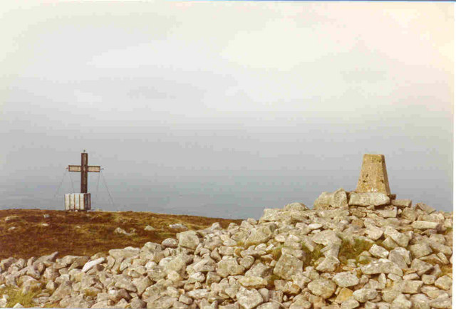 Trig point and cross at the summit of Brandon Hill