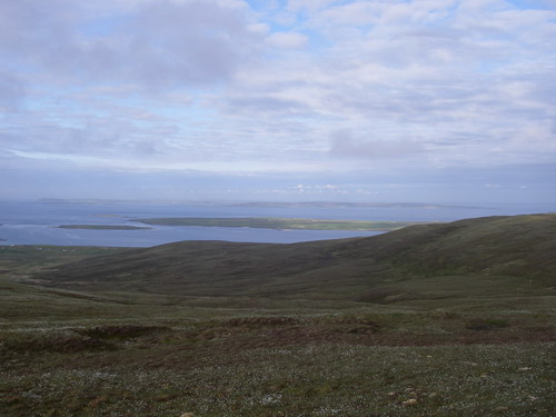 Looking over the Hass of Goustie to Egilsay and Eday