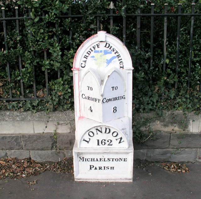 Mile marker on A48 outside Ely cemetery