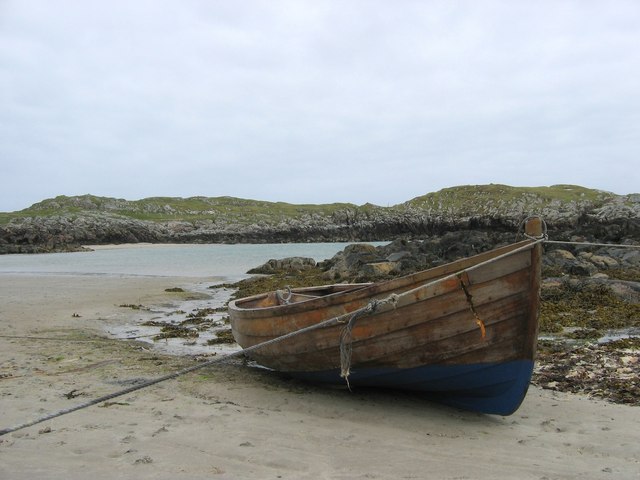 View of boat at Sorisdale Bay at low tide