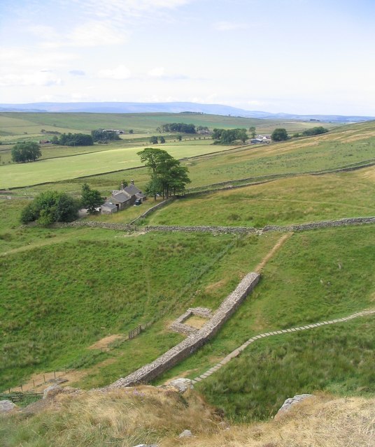 Hadrian's Wall and  Peel house from Peel Crags