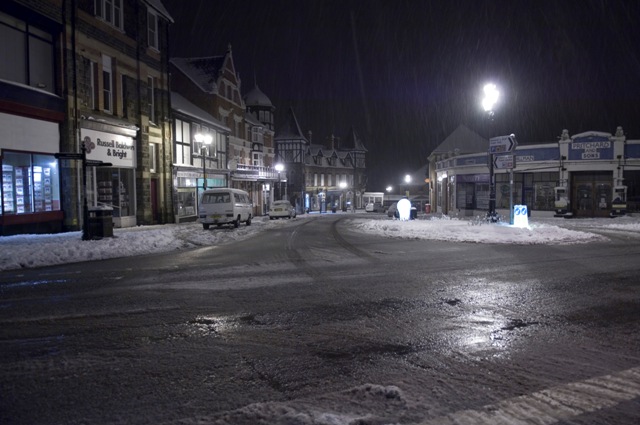 Llandrindod Town Centre late evening after snow