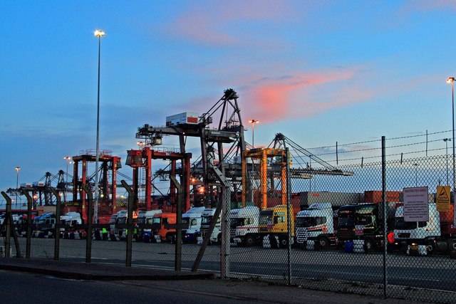 HGV lined-up for container loading in Docks