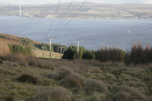Looking east along the power lines, with Inverkip in the distance