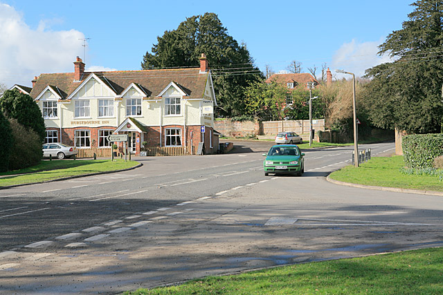 Staggered crossroads at centre of Hurstbourne Priors, with Hurstbourne Inn