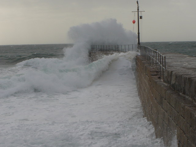 Rough Sea on a high tide, Porthleven Pier, Cornwall