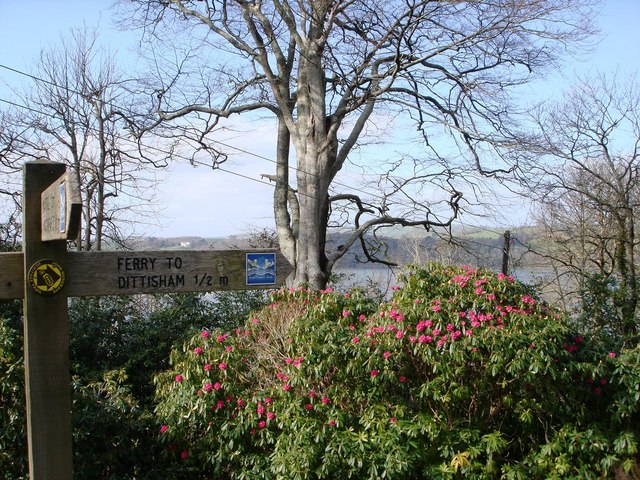 Greenway House, Footpath Signpost, Rhododendrons