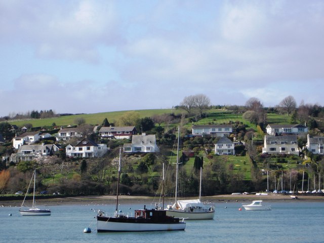 Houses at Dittisham, boats in River Dart  from Greenway Quay