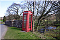 Telephone box and bridge over Catlee Burn