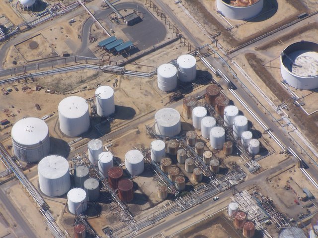 Oil storage tanks at Fawley Refinery (low-altitude aerial)