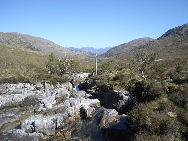 The view down Glen Gour from the bed of the River Gour
