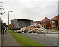 A635 blocked by overturned glass bottle trailer on Saltersbrook Road Darfield