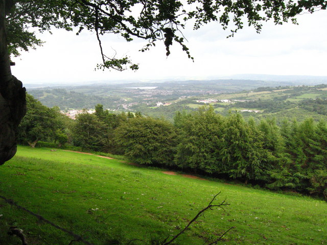View over fields and woodland to Pontypool and beyond.