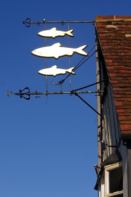 Inn sign for Ye Three Fyshes at Turvey