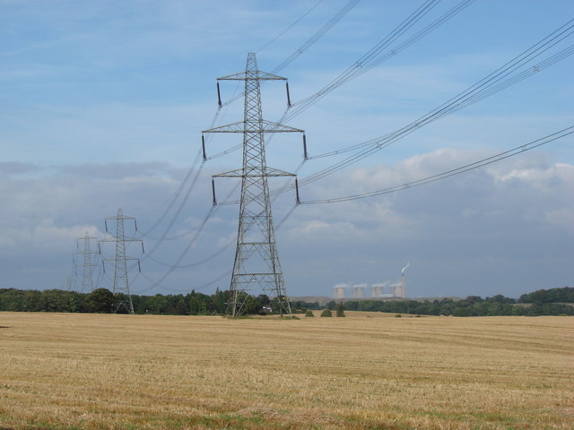 Pylons across Smeaton Leys, with Eggborough Power Station on the horizon.