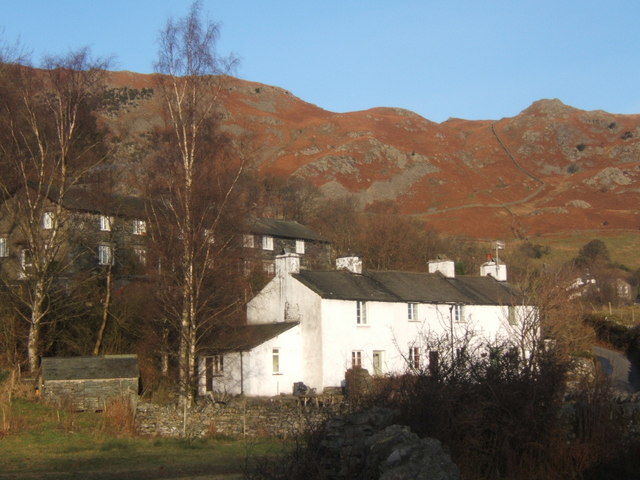 Terraces in Little Langdale with fells rising steeply behind