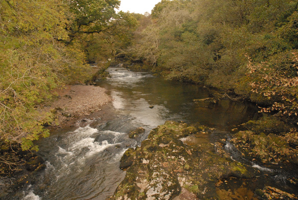 The upper River Tawe looking north from the roadbridge to Penwyllt