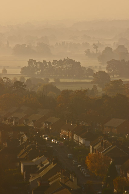 Eastnor Road and Stockton Road, Reigate, with autumn mist behind