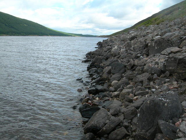 View of Loch Ericht showing rocky shoreline