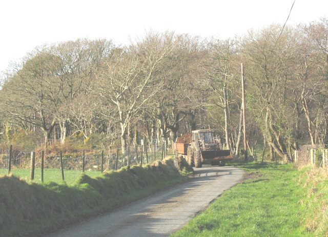 Tractor and trailer on the road west of Llwyndyrys
