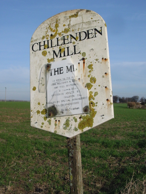 Lichen covered sign for Chillenden mill