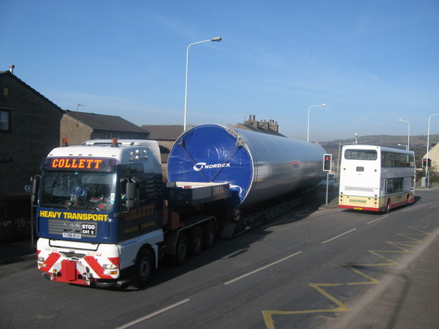 Turbine tower section passing Edenfield Primary School