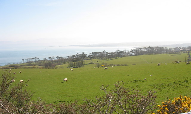 View across the fields towards the sea from Rhos-mynach farmhouse