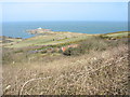 View north over a red tin-roofed cottage towards Point Lynas