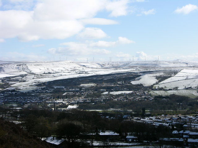 Scout Moor Wind Farm in the snow (from Holcombe Hill)