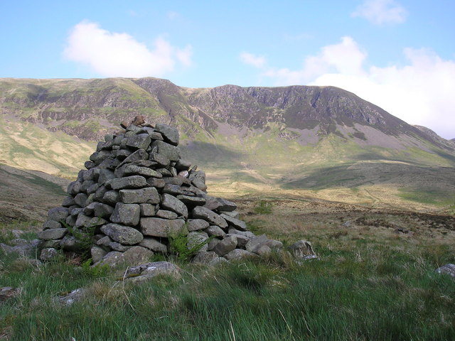 The Carrifran Burn Cairn looking to Raven Craig