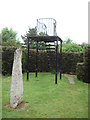 Viewing platform and standing stone in the centre of the maze, Bridge End Garden