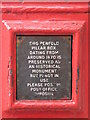 Penfold postbox, Hampstead High Street, NW3 - message on collection plate