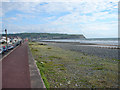 Looking south along the sea wall path and beach at Borth